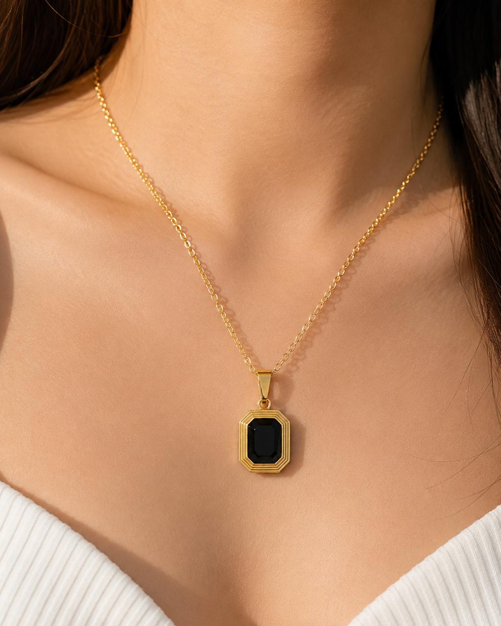 Gold Black Stone Pendant Necklace for Women | Minimalist Stainless Steel Chain